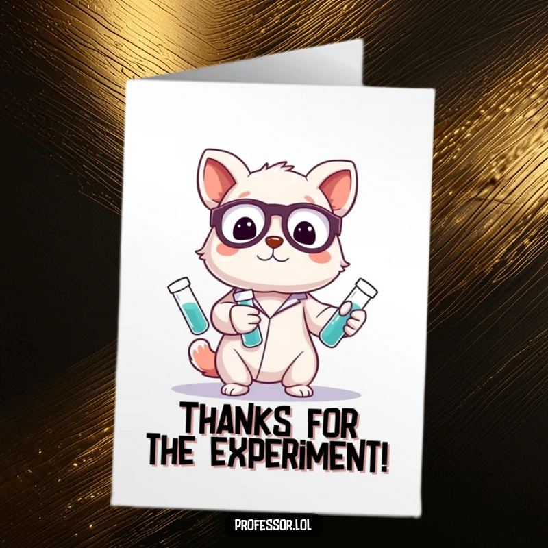 Funny Free Printable Thank You Card: Cute animal scientist character juggling test tubes, expressing thanks with a playful gesture.