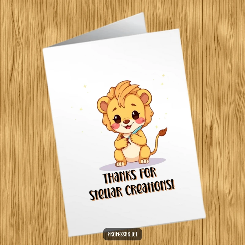 Funny Free Printable thank you card of a happy Kawaii lion cub sketching a fantastical galaxy to express thanks.