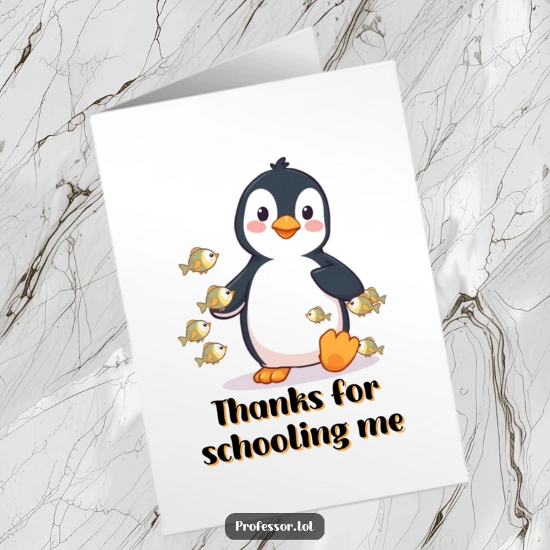 Funny Free Printable Thank You Card: A playful penguin lectures tiny fish, a quirky way to say thanks.