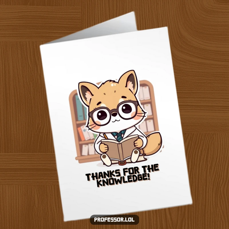 Funny free printable thank you card with a spectacled animal professor teaching tiny books, conveying sincere thanks.