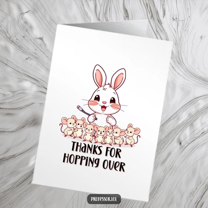Funny Free Printable Thank You Card: Cheerful rabbit and tiny mice sharing a moment of thanks after a lesson.