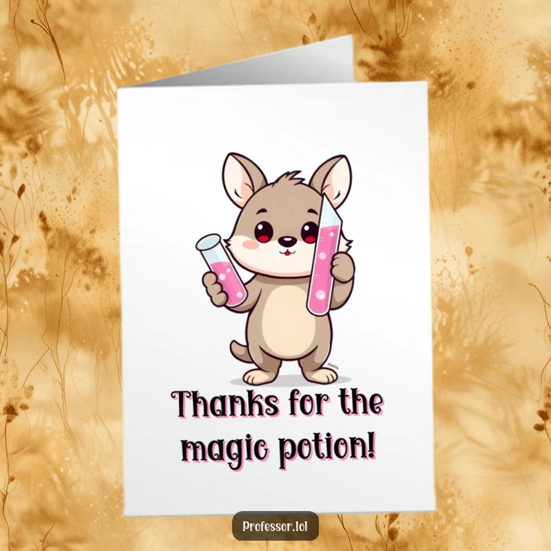 Funny Free Printable Thank You Card: An adorable animal scientist proudly displays a test tube of pink bubbling liquid, conveying thanks.