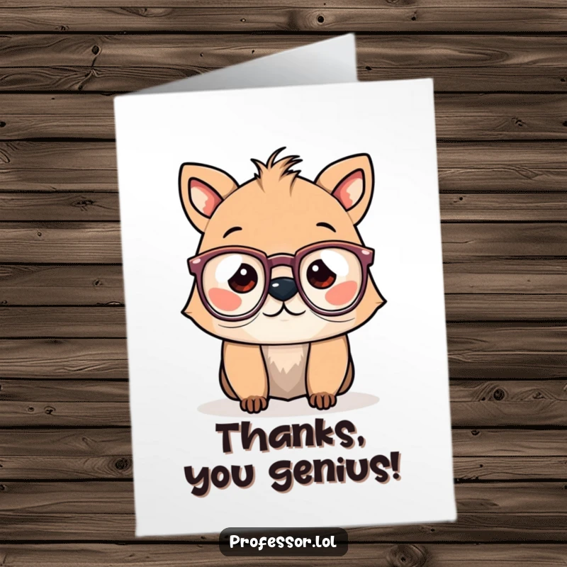 Funny Free Printable Thank You Card: A studious animal with precariously perched spectacles, showing gratitude with a knowing smile.