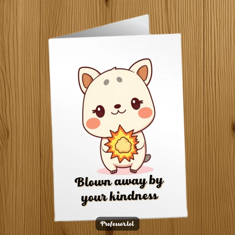 Funny Free Printable Thank You Card: A cute animal character looks shocked by a small, controlled explosion, adding humor to gratitude.