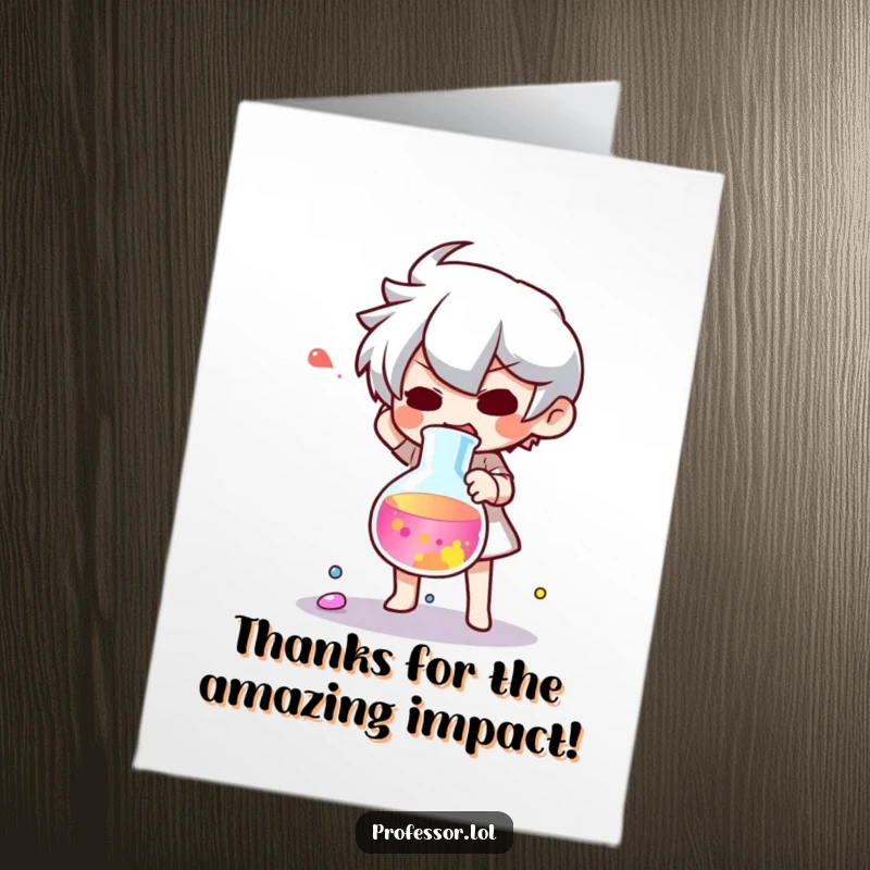 Funny Free Printable Thank You Card: Character with wide eyes, a beaker falling and splashing colorful liquid everywhere.