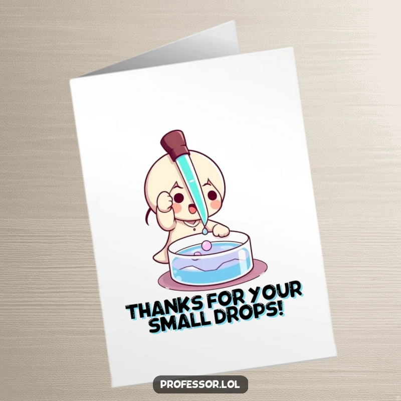 Funny Free Printable Thank You Card: Character gently placing a drop of liquid into a petri dish with a pipette.