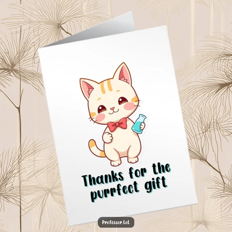 Funny Free Printable Thank You Card: Cat character in a bow tie holding a beaker, offering a grateful nod.