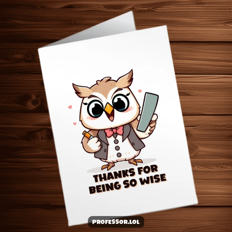 Funny Free Printable Thank You Card: A delighted Kawaii owl professor character excitedly explaining thanks with a large chalk.