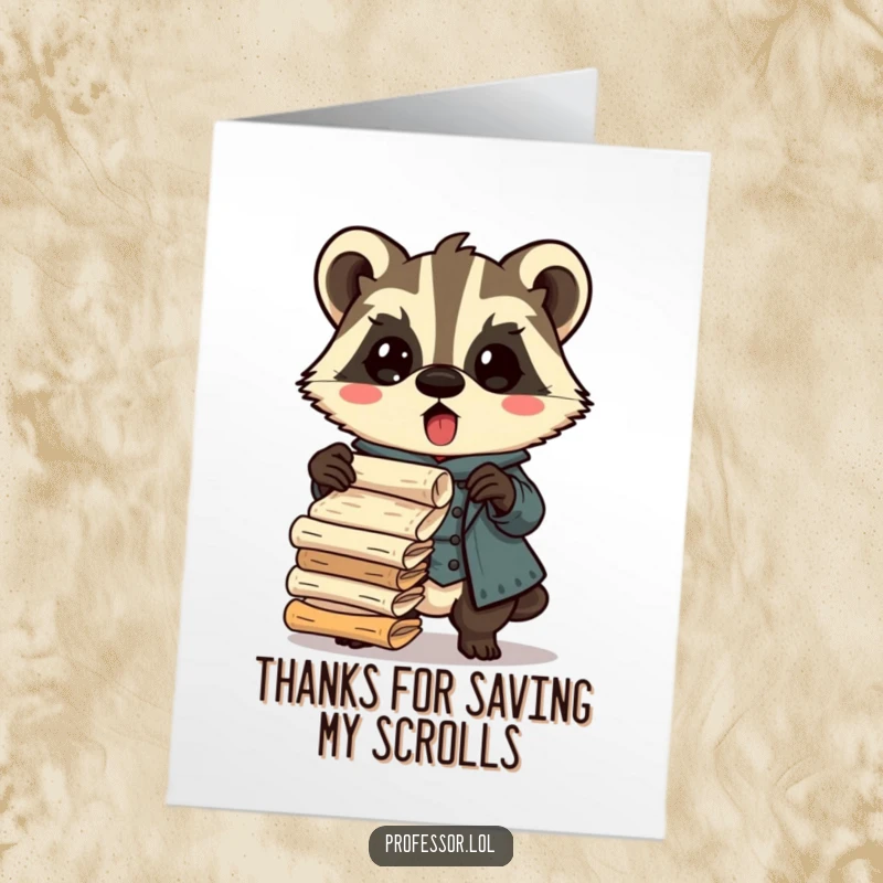 Funny Free Printable Thank You Card depicting a surprised Kawaii badger professor with scattered scrolls, a comical expression of thanks.