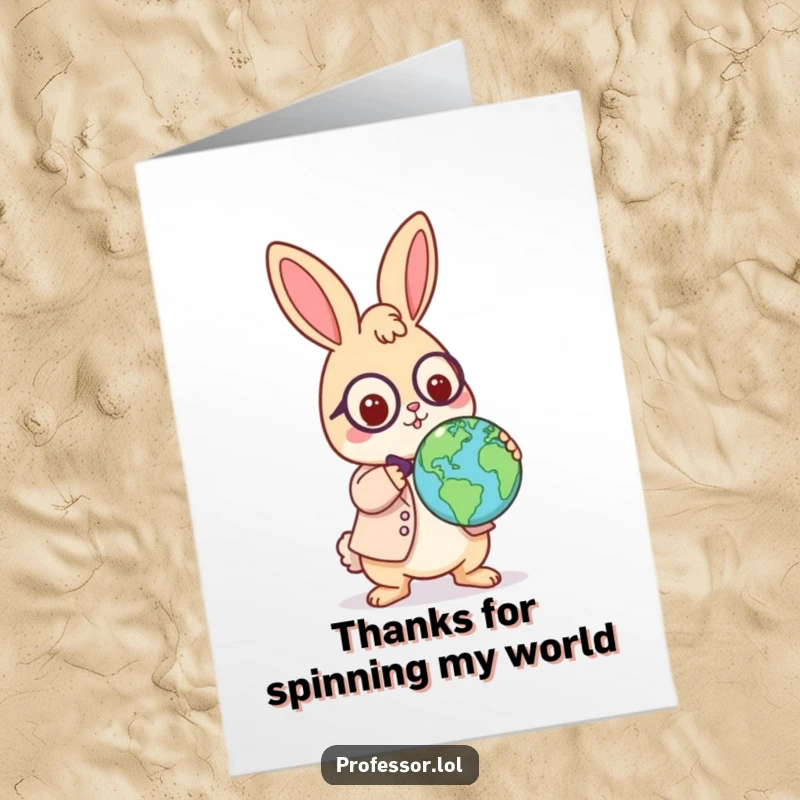 Funny Free Printable Thank You Card: a playful Kawaii rabbit professor balances a globe on their nose, expressing thanks with joy.