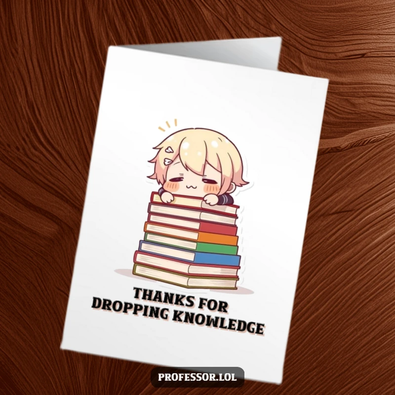 Funny Free Printable Thank You Card: A character comically falls over a huge stack of books, looking utterly surprised.