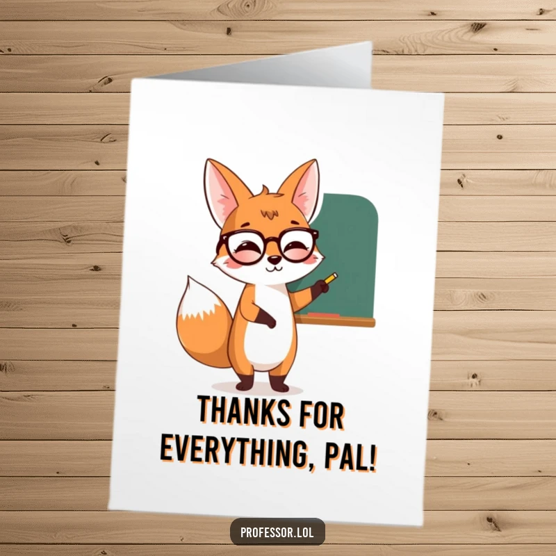 Funny Free Printable Thank You Card: Giggling fox in spectacles pointing at a chalkboard, expressing thanks with insight.