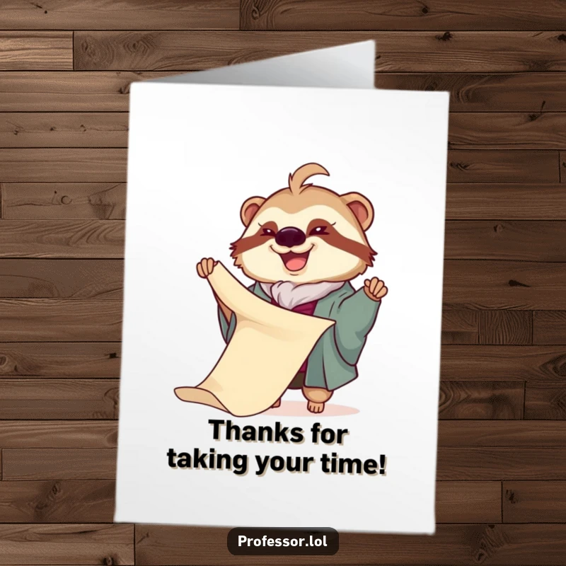 Funny free printable thank you card: Joyful sloth professor slowly revealing a long scroll, a unique token of appreciation.