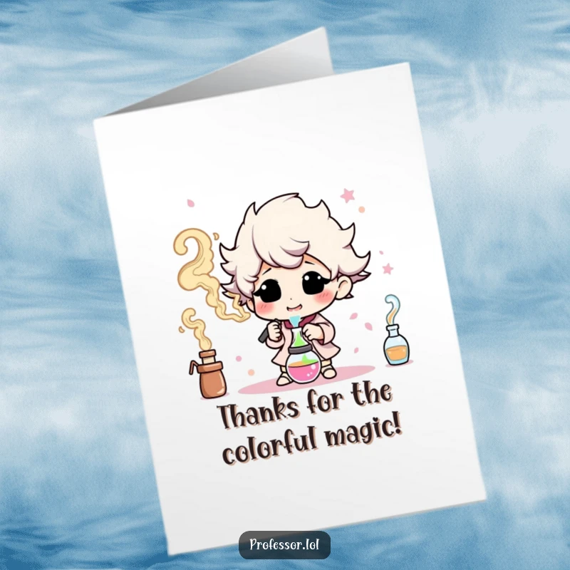 Funny Free Printable Thank You Card: A character happily generates beautiful, colorful smoke, conveying thanks in a spectacular way.