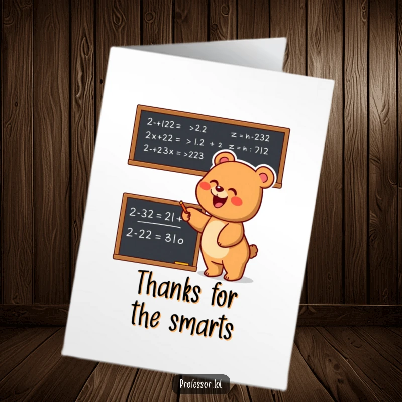 Funny Free Printable Bear Thank You Card: A joyful bear enthusiastically points at a complex equation, conveying thanks.