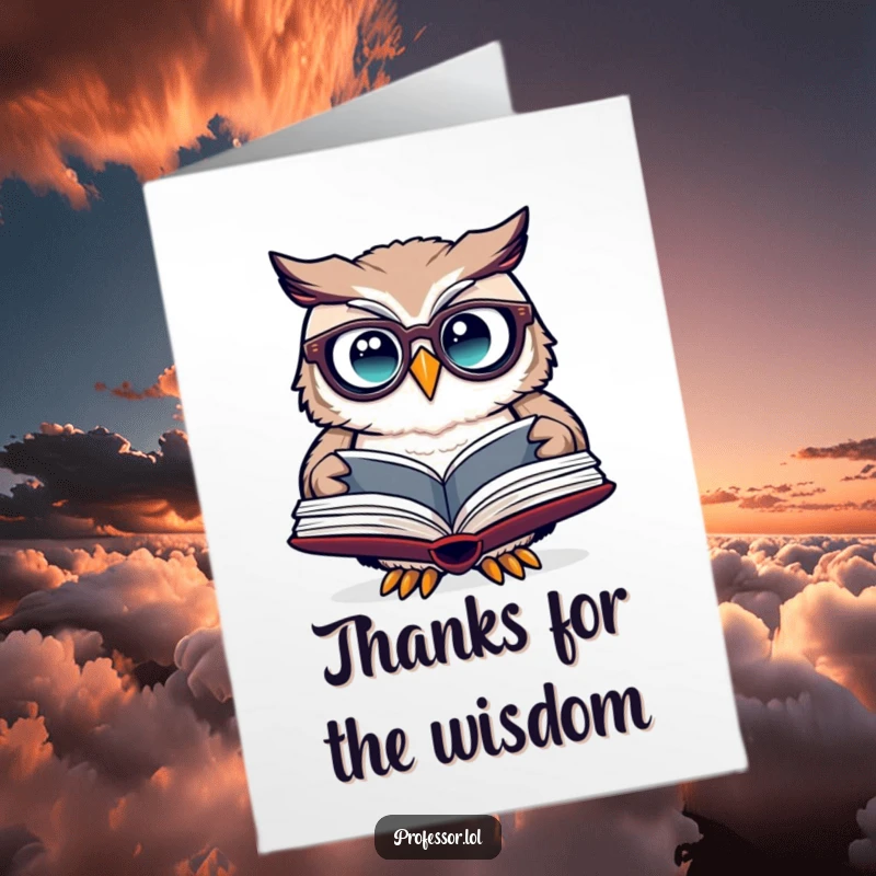 Funny Free Printable Owl Thank You Card: A cute owl wearing spectacles peeks with curiosity at a book.