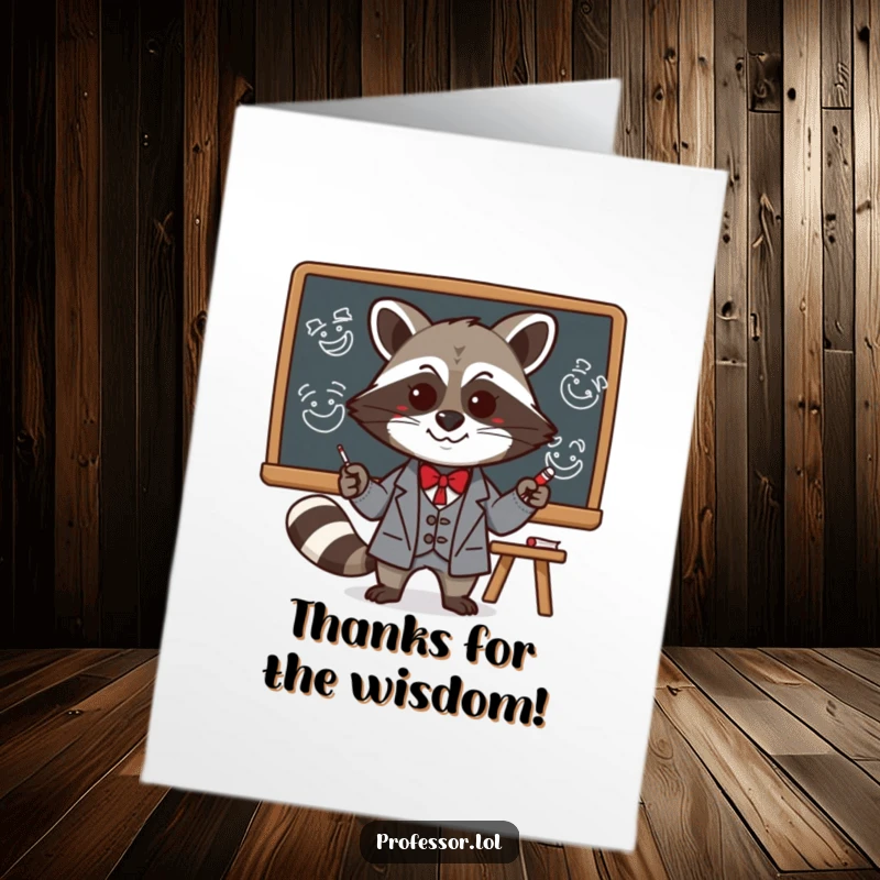 Funny Free Printable Thank You Card: A mischievous Kawaii raccoon professor drawing silly faces, offering unique and funny thanks.