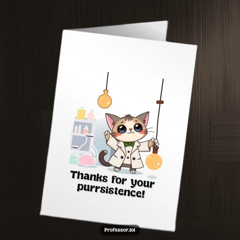 Funny free printable thank you card: Curious cat professor playing with a pendulum in a laboratory setting.