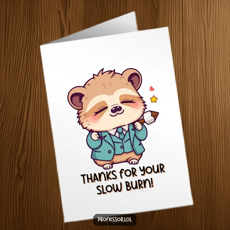 Funny Free Printable Thank You Card: A sleepy Kawaii sloth professor character gently holding a pointer, offering slow and sincere thanks.