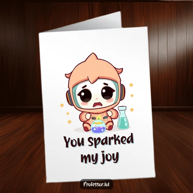 Funny Free Printable Thank You Card: A character looks amazed at a tiny spark from an experiment, expressing thanks.