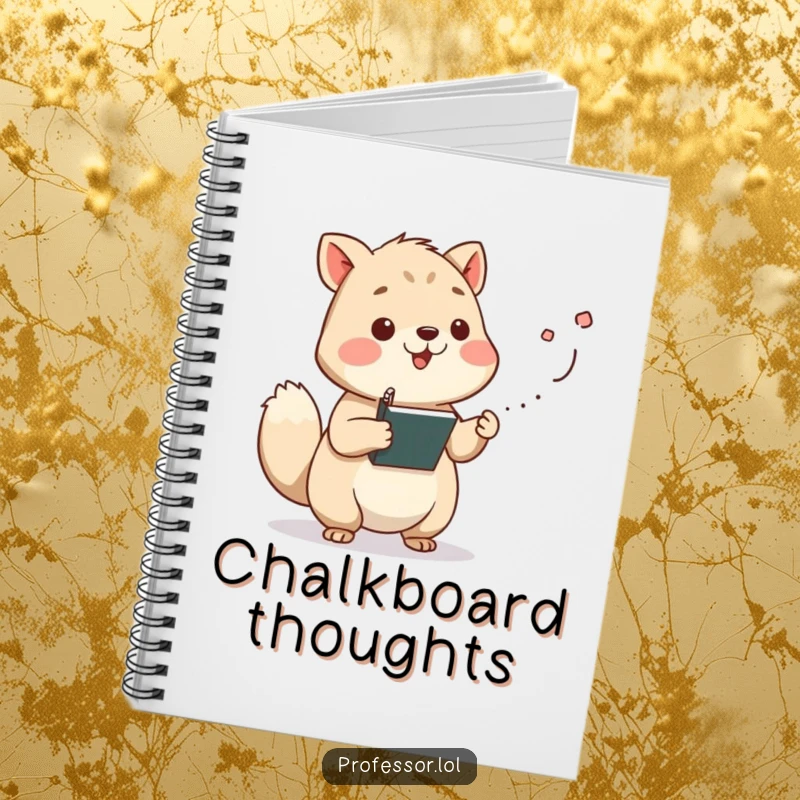 Funny wise animal character lecturing with chalk dust flying from its paw, a humorous notebook for notes. Wise and useful.