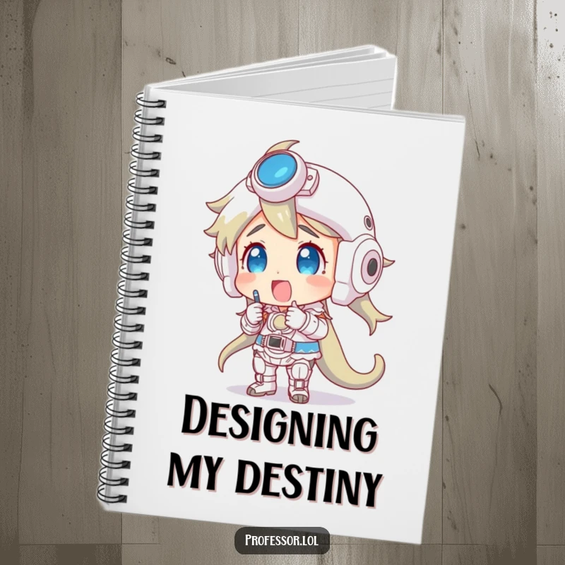 Funny notebook for model enthusiasts, featuring a character studying a complex model, ideal for notes.