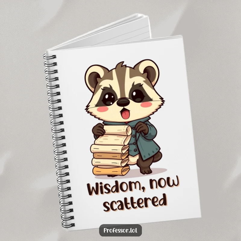 Funny Kawaii badger professor notebook, surprised character dropping ancient scrolls, ideal for notes and journaling, humorous study accessory.
