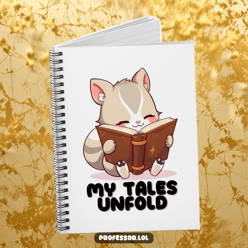 Funny notebook cover featuring a cute animal character engrossed in reading a thick, ancient-looking book, for jotting down book reviews and ideas.