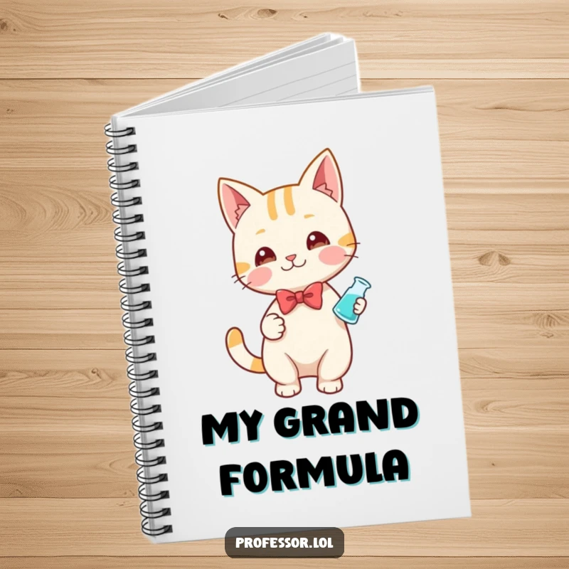 Funny notebook cover with a playful cat in a bow tie holding a small beaker, looking ready to take important lab notes.