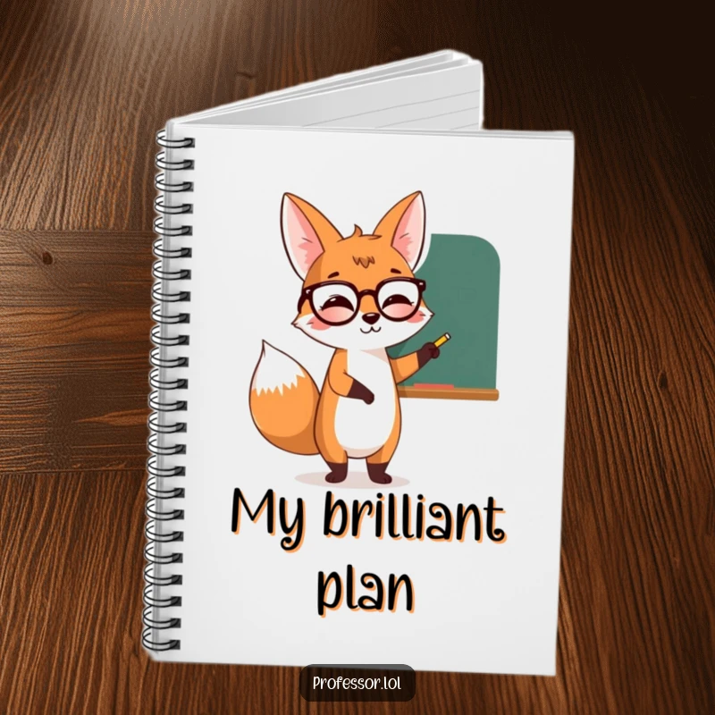 Funny giggling fox character wearing spectacles, pointing at a chalkboard, inspiring smart ideas in this notebook.