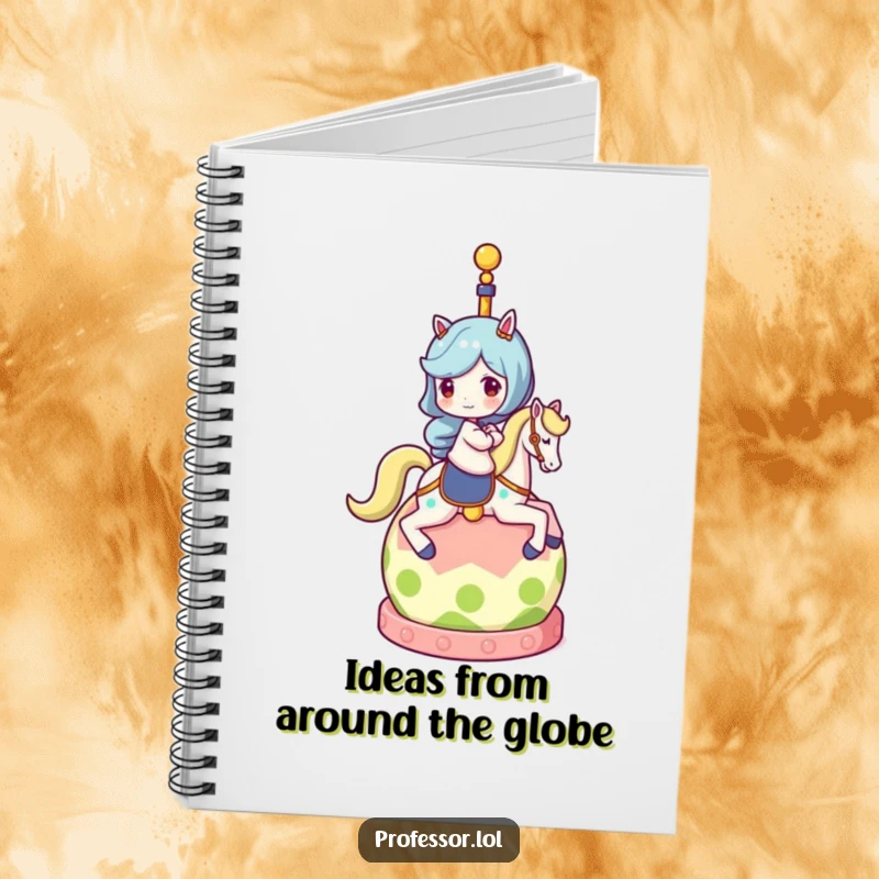 Funny notebook cover with a character riding a rolling globe, encouraging creative thoughts and travel planning with humor.