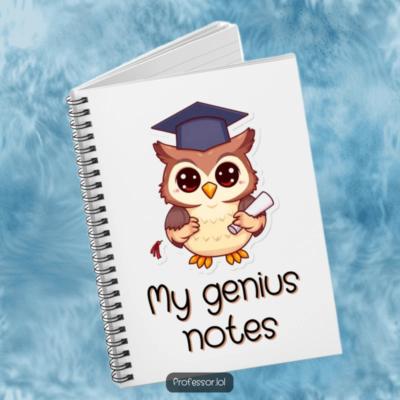 Funny happy owl character in a graduation cap holding a diploma, inspiring smart ideas in this notebook.