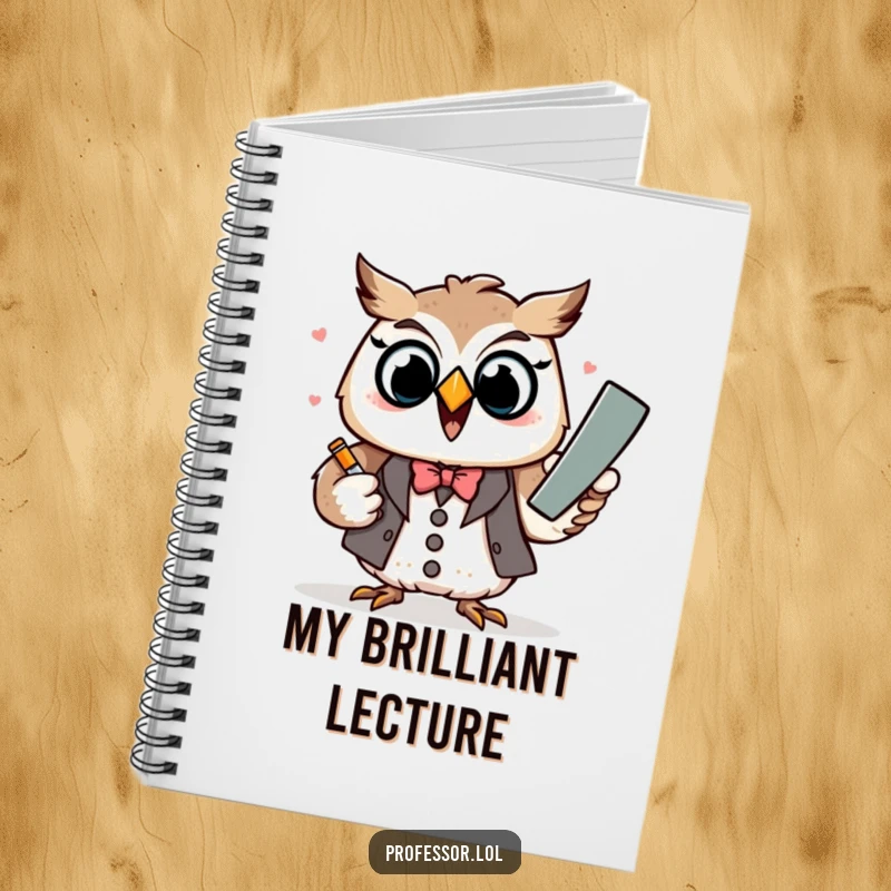 Funny Kawaii owl professor character excitedly explaining with chalk, featured on a funny notebook cover.