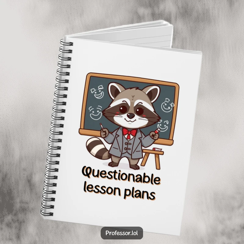 Funny Kawaii raccoon professor drawing funny faces on a blackboard, featured on a humorous and delightful notebook for writing.
