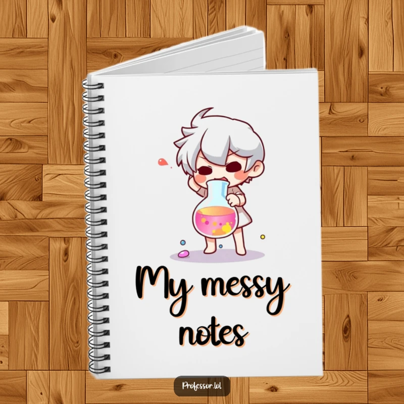 Funny notebook with a character startled by a dropped beaker of colorful liquid, perfect for science notes.