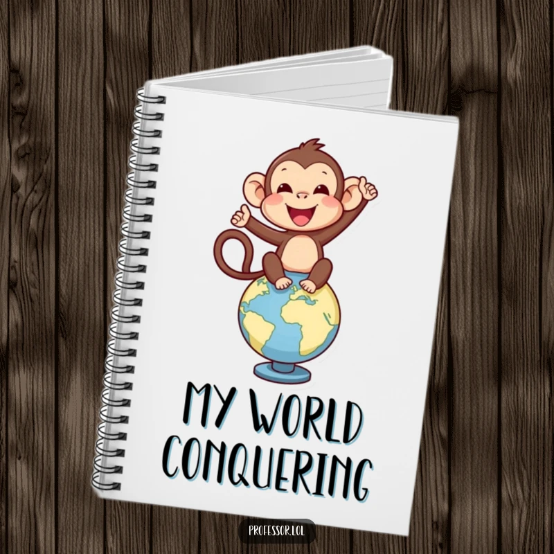 Funny delighted monkey character balancing on a globe, inspiring adventure in this notebook.
