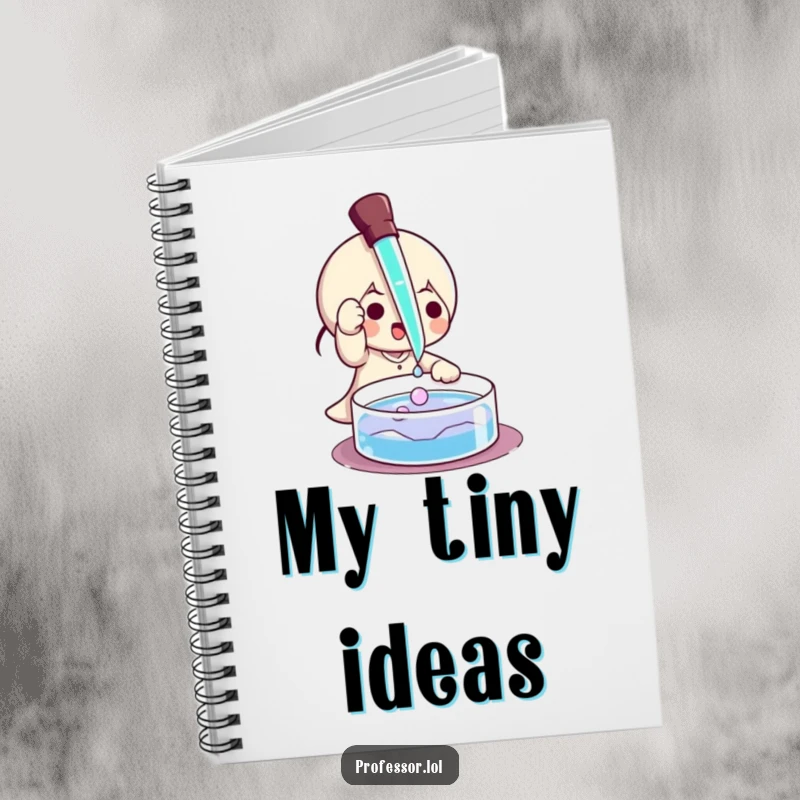 Funny notebook with a character playfully using a pipette to drip liquid onto a petri dish, for science notes.