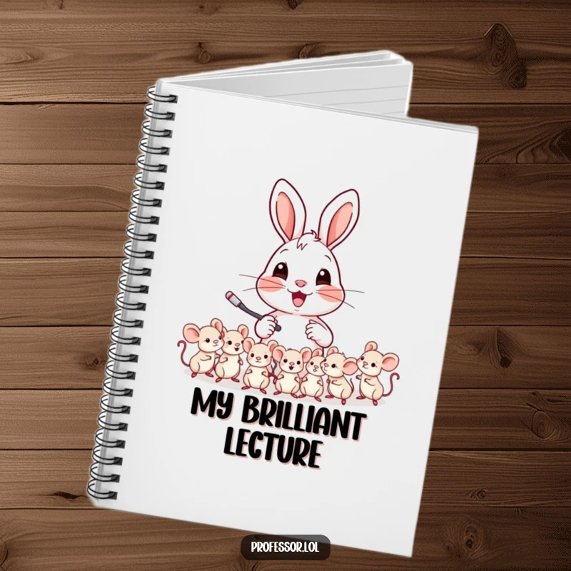 Funny notebook cover with a cheerful rabbit character teaching a class of tiny mice, ready for lesson notes.