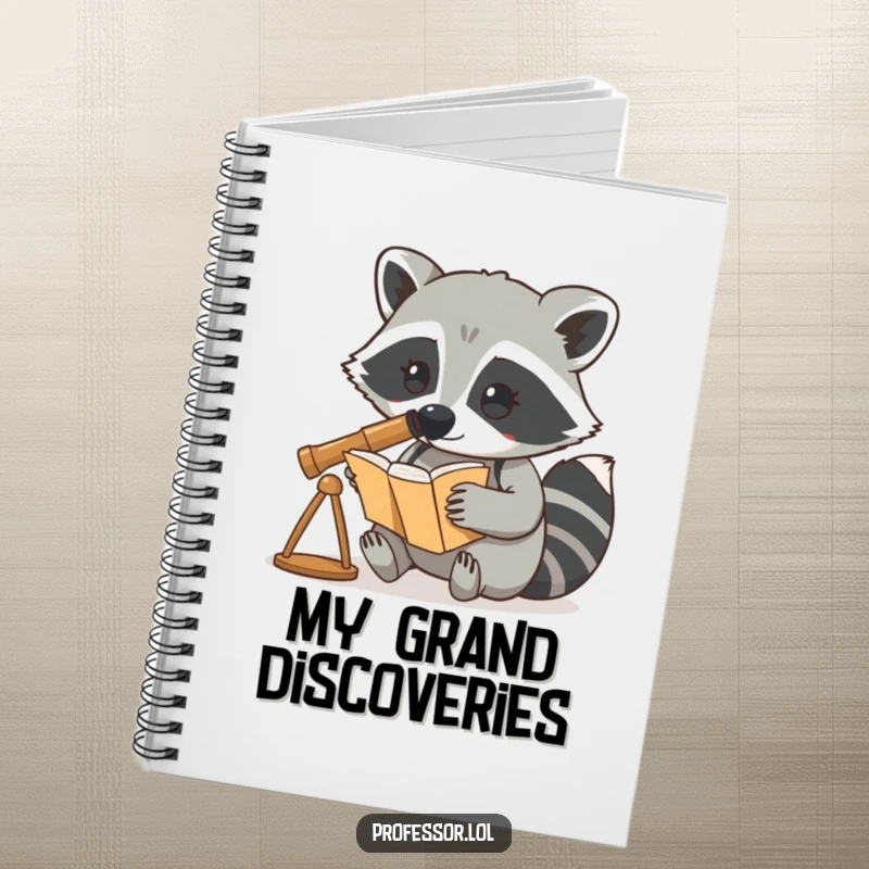 Funny notebook cover with a curious raccoon using a telescope to look at a book, ready for research notes.
