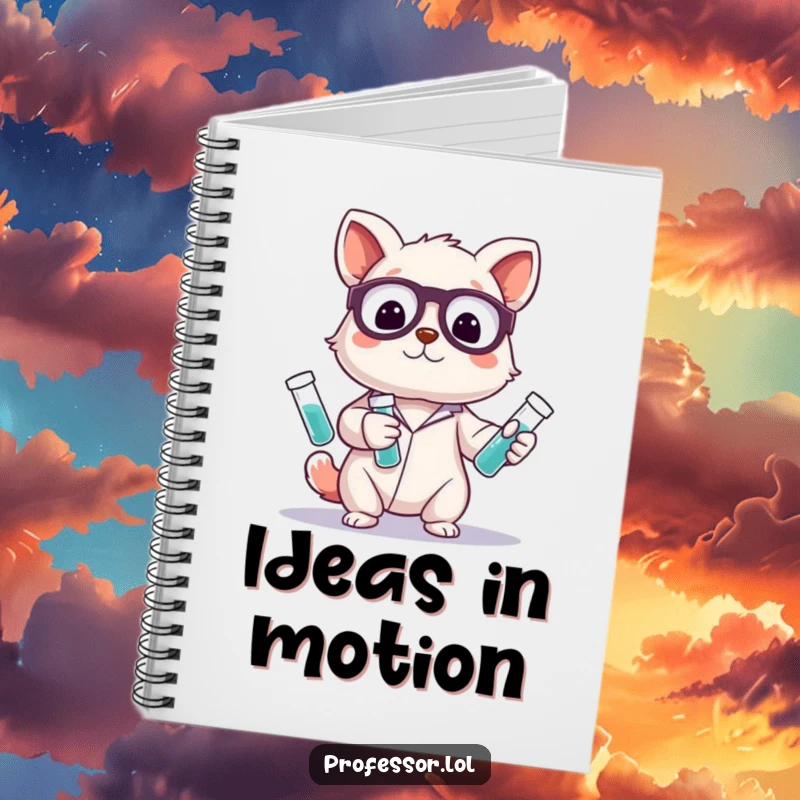 Funny notebook with a cute animal character skillfully juggling glowing test tubes, ideal for jotting down notes with a touch of scientific humor.