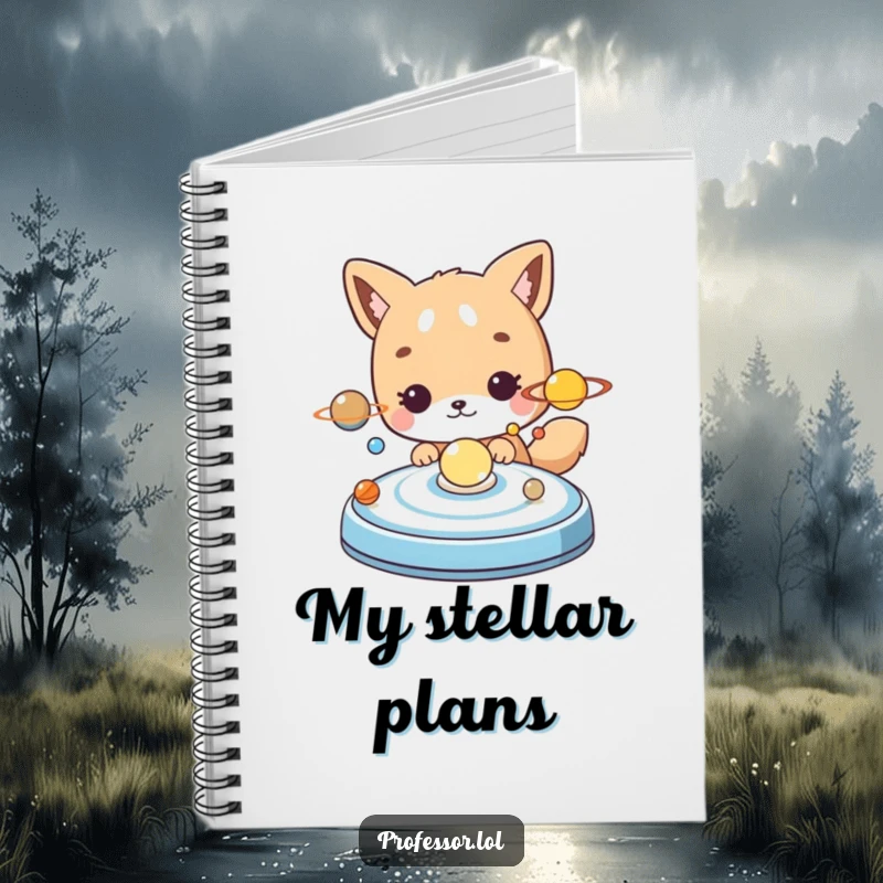 Funny cute animal character curiously examining a model of the solar system on a notebook cover.