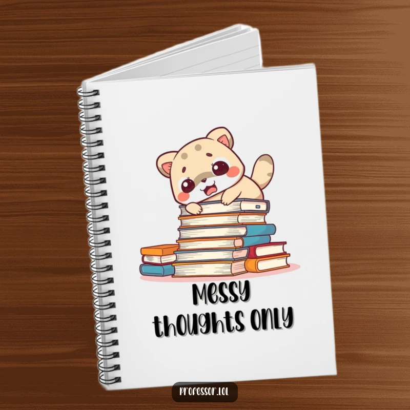 Funny startled animal notebook featuring a cute character looking surprised amidst scattered papers, encouraging humorous note-taking.