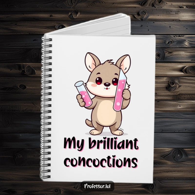 Funny notebook cover featuring a cute animal character proudly holding a bubbling test tube, for jotting down scientific thoughts and jokes.