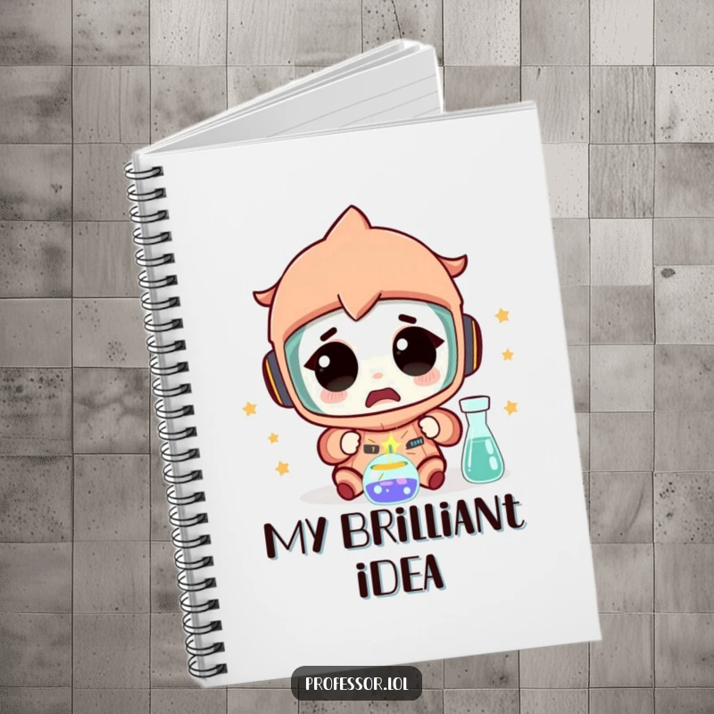 Funny Science Notebook: A character looks amazed at a tiny spark from an experiment, ideal for recording scientific observations.