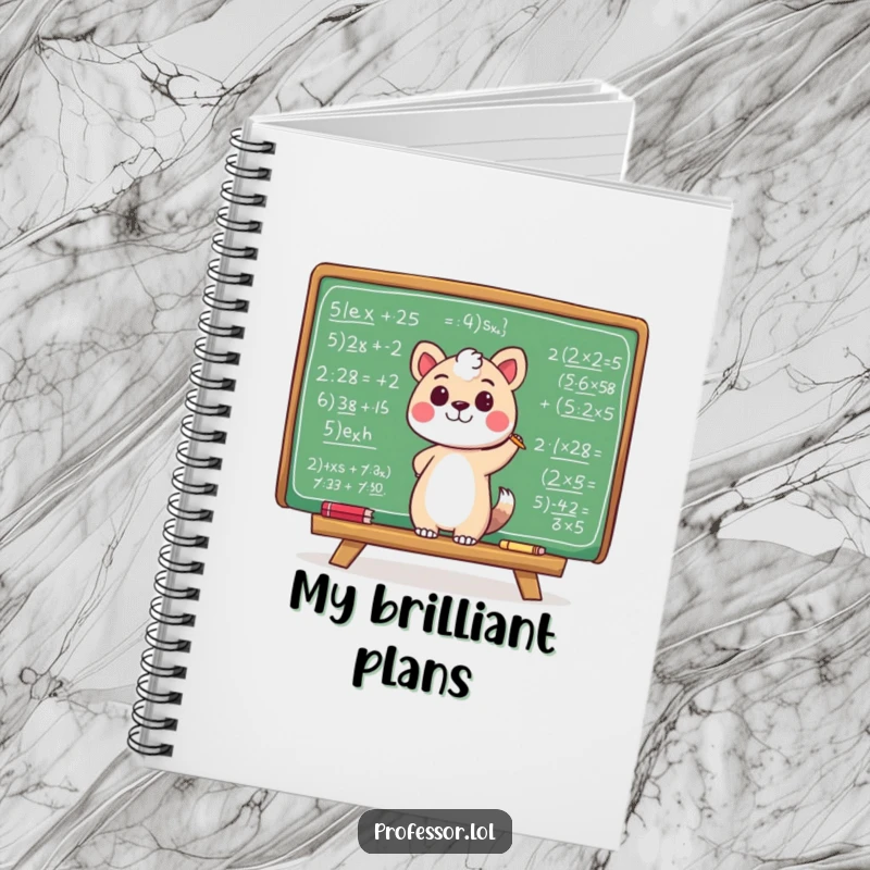 Funny notebook cover with an animal character happily scribbling equations on a chalkboard, perfect for capturing brilliant thoughts.