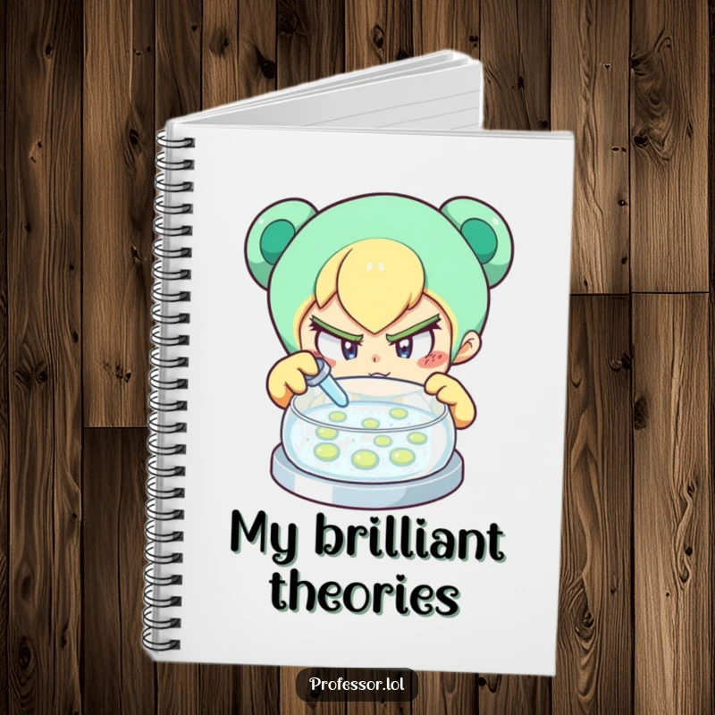 Funny notebook with a determined character curiously examining a petri dish, ideal for notes and scientific exploration.
