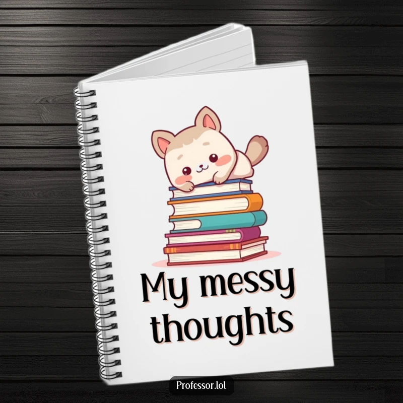 Funny cute animal character comically tripping over a stack of books on a notebook cover.