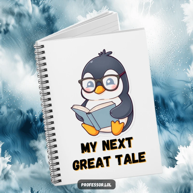 Funny Penguin Bookworm Notebook: Chubby penguin wearing spectacles reads a thick book, ideal for writing notes with literary humor.