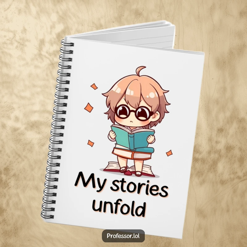 Funny notebook with a character concentrating intensely while juggling books, perfect for note-taking and reading lists.