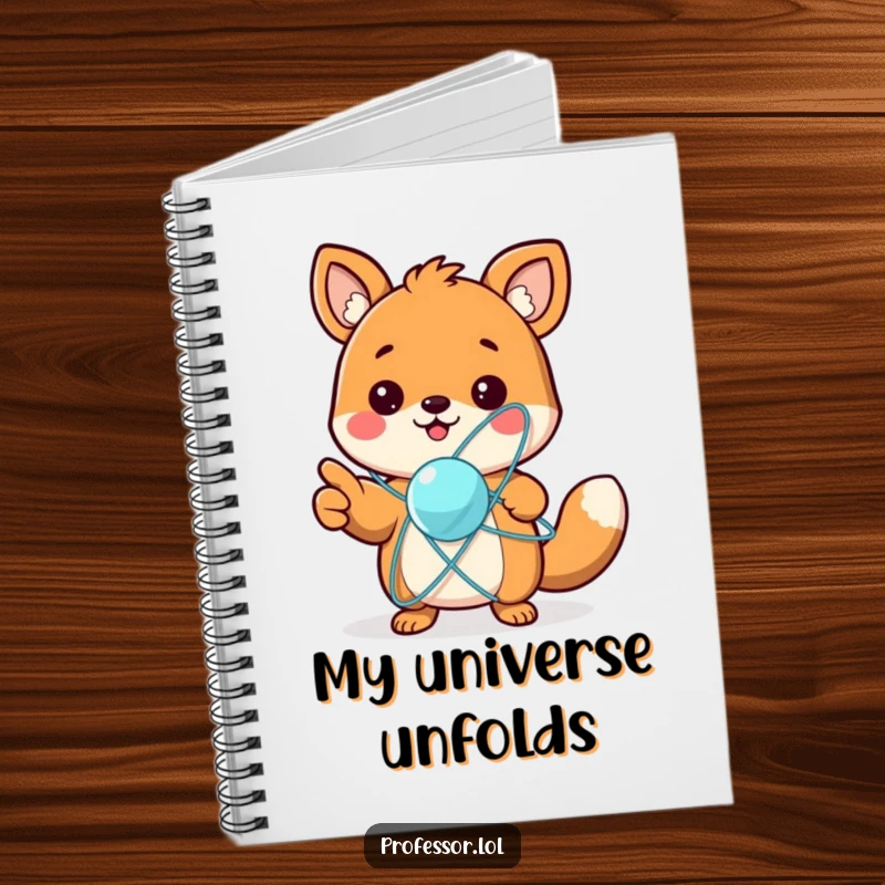 Funny notebook cover featuring a cute animal character excitedly pointing at a spinning atom model, for jotting down scientific theories and jokes.